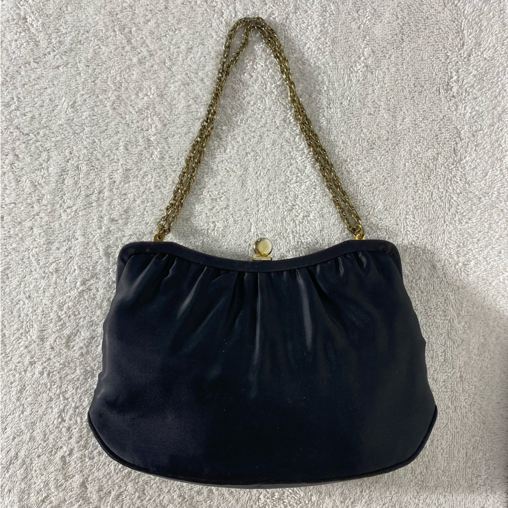 Vintage Black Satin Purse Clutch Hand Bag With Gold Tone Chain Strap